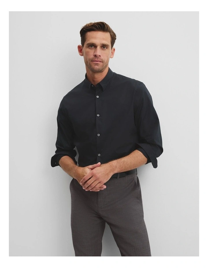 Long Sleeve Slim Fit Cotton Stretch Shirt in Black image 1
