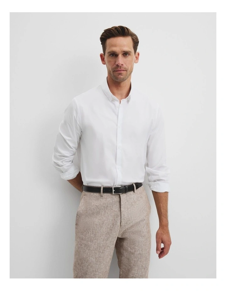 Long Sleeve Slim Fit Cotton Stretch Shirt in White image 1