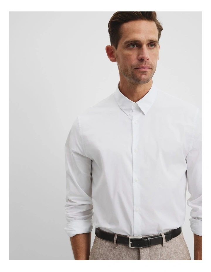 Long Sleeve Slim Fit Cotton Stretch Shirt in White image 3