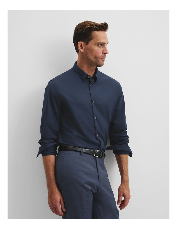 Long Sleeve Slim Fit Cotton Stretch Shirt in Navy image 1
