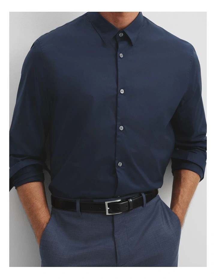 Long Sleeve Slim Fit Cotton Stretch Shirt in Navy image 3