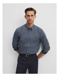 Long Sleeve Slim Fit Cotton Stretch Print Shirt in Blue Multi