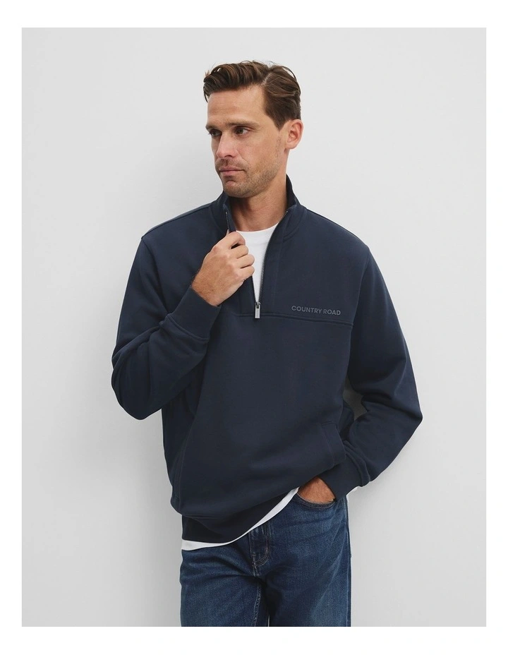 Australian Cotton Modern Logo Half Zip Sweat in Navy image 2