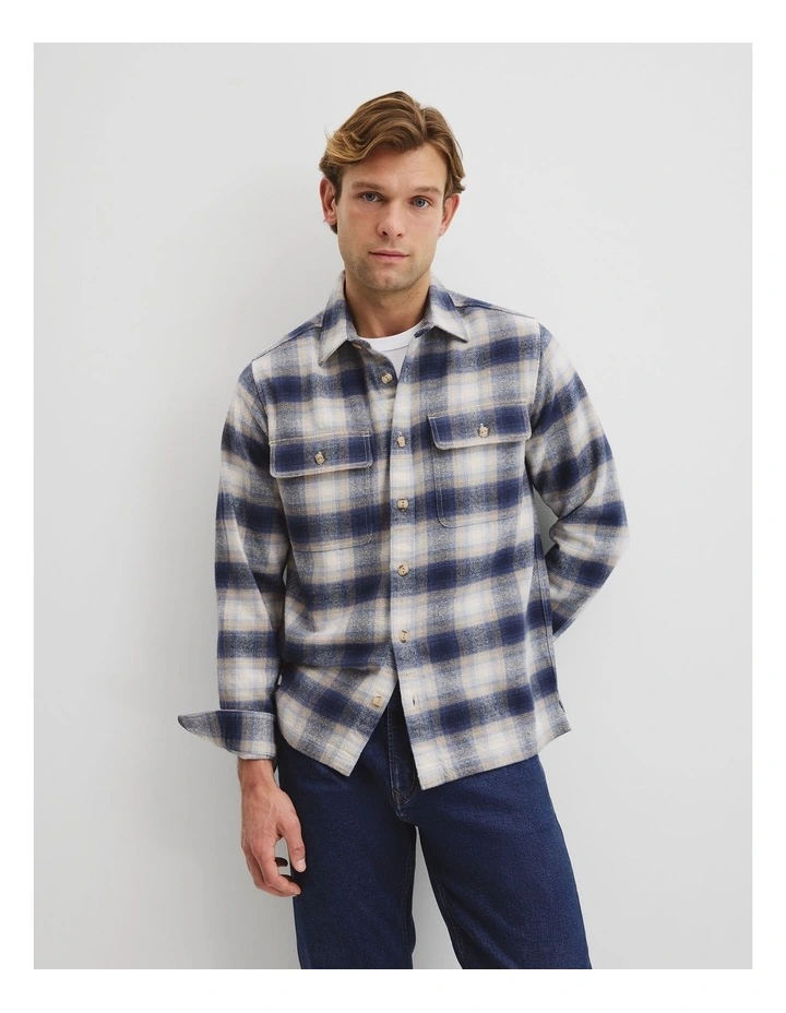 Cotton Flannel Check Overshirt in Blue Multi image 1