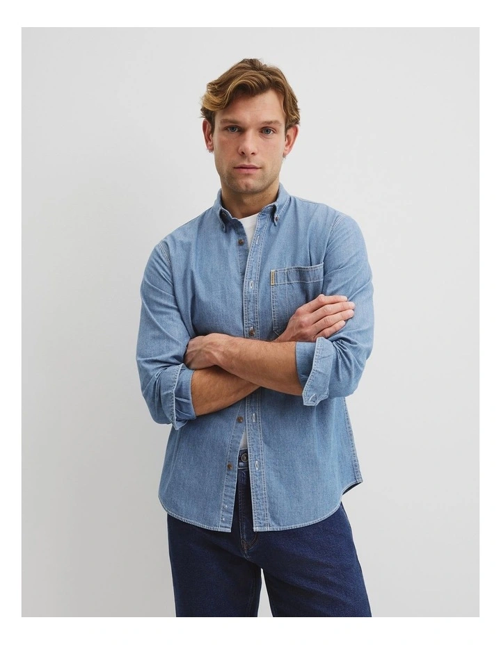 Regular Fit Workwear Chambray Shirt in Washed Blue image 1