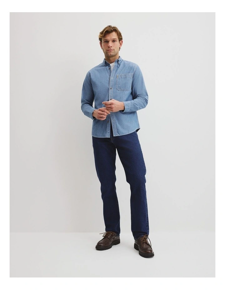 Regular Fit Workwear Chambray Shirt in Washed Blue image 3