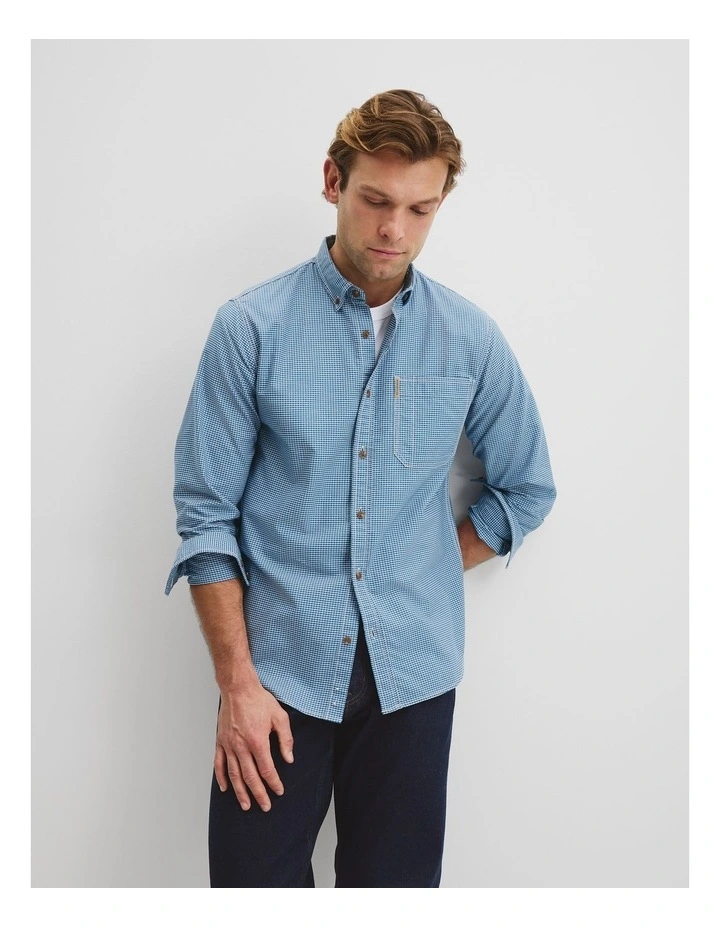 Australian Good Earth Cotton Workwear Regular Fit Grid Shirt in Blue image 1