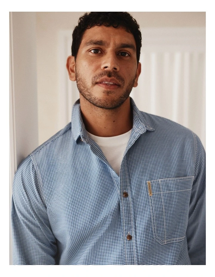 Australian Good Earth Cotton Workwear Regular Fit Grid Shirt in Blue image 2