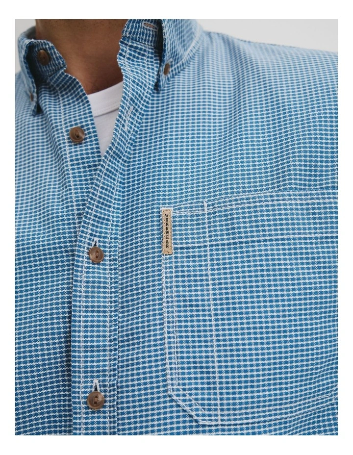 Australian Good Earth Cotton Workwear Regular Fit Grid Shirt in Blue image 3