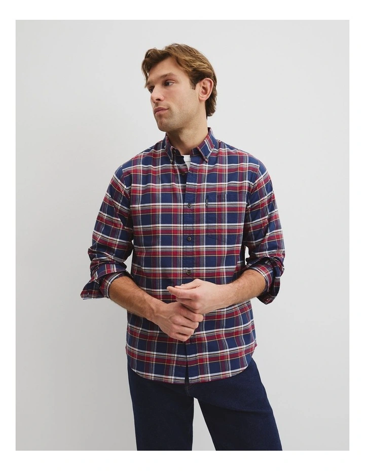 Australian Long Sleeve Regular Fit Good Earth Cotton Check Shirt in Navy Multi image 1