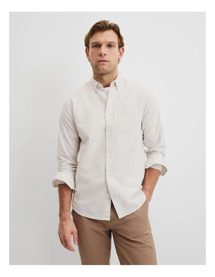 Australian Good Earth Cotton(TM) Regular Fit Oxford Stripe Shirt in Stone image 3