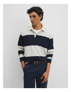 Australian Cotton Stripe Rugby Polo in Navy Stripe Lgm