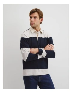 Australian Cotton Stripe Rugby Polo in Navy Stripe Lgm