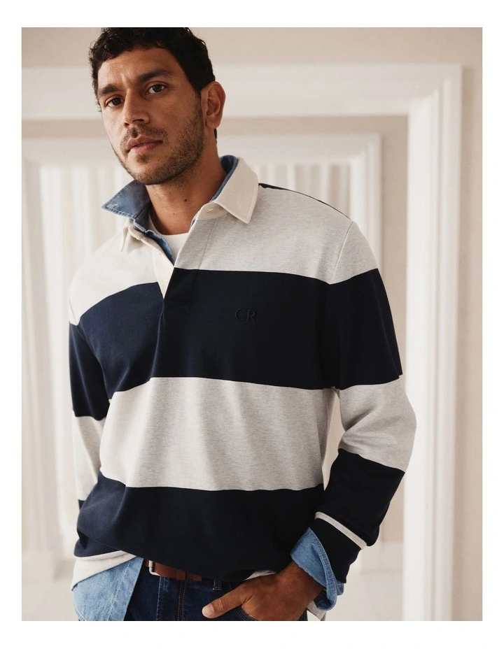 Australian Cotton Stripe Rugby Polo in Navy Stripe Lgm image 2
