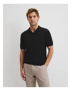 Australian Merino Short Sleeve Trophy Knit Polo in Black