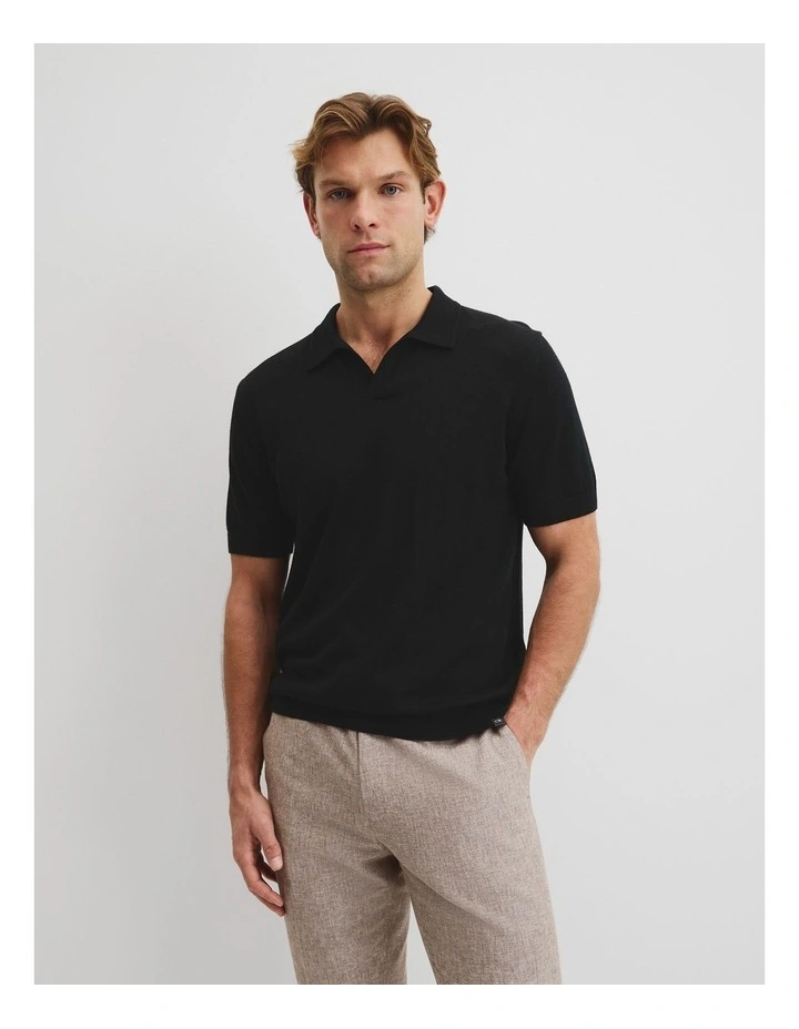 Australian Merino Short Sleeve Trophy Knit Polo in Black image 1