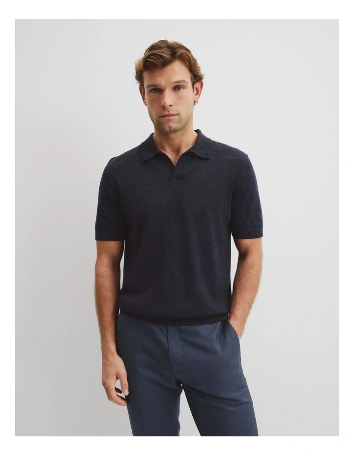 Australian Merino Short Sleeve Trophy Knit Polo in Navy Melange image 1