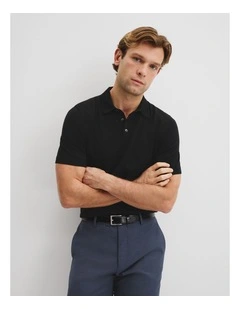 Australian Merino Short Sleeve Button Knit Polo in Black