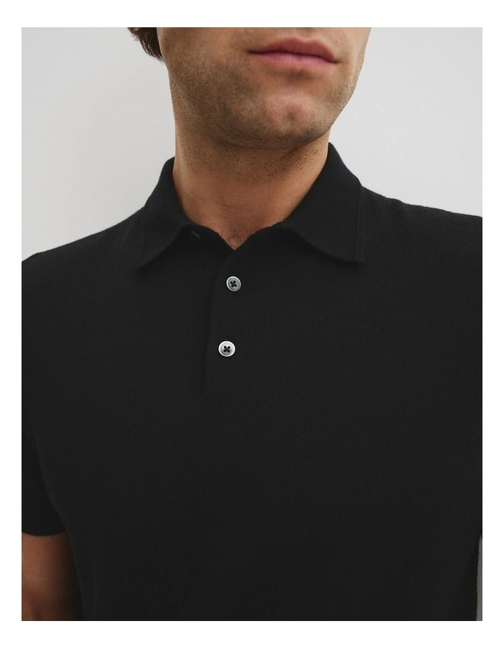 Australian Merino Short Sleeve Button Knit Polo in Black image 2