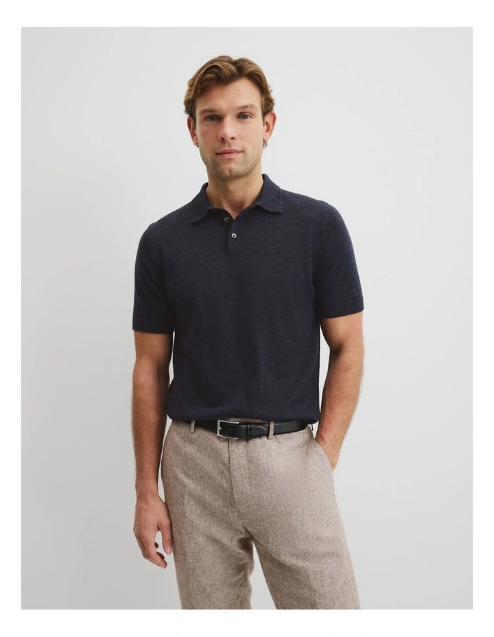 Australian Merino Short Sleeve Button Knit Polo in Navy Melange image 1