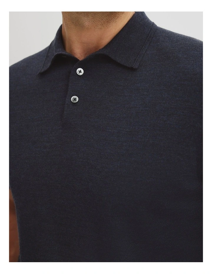 Australian Merino Short Sleeve Button Knit Polo in Navy Melange image 2
