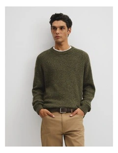 Merino Wool Nep Crew Neck Knit in Woodland Green
