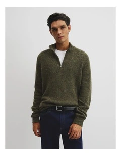 Merino Wool Nep Half Zip Knit in Woodland Green