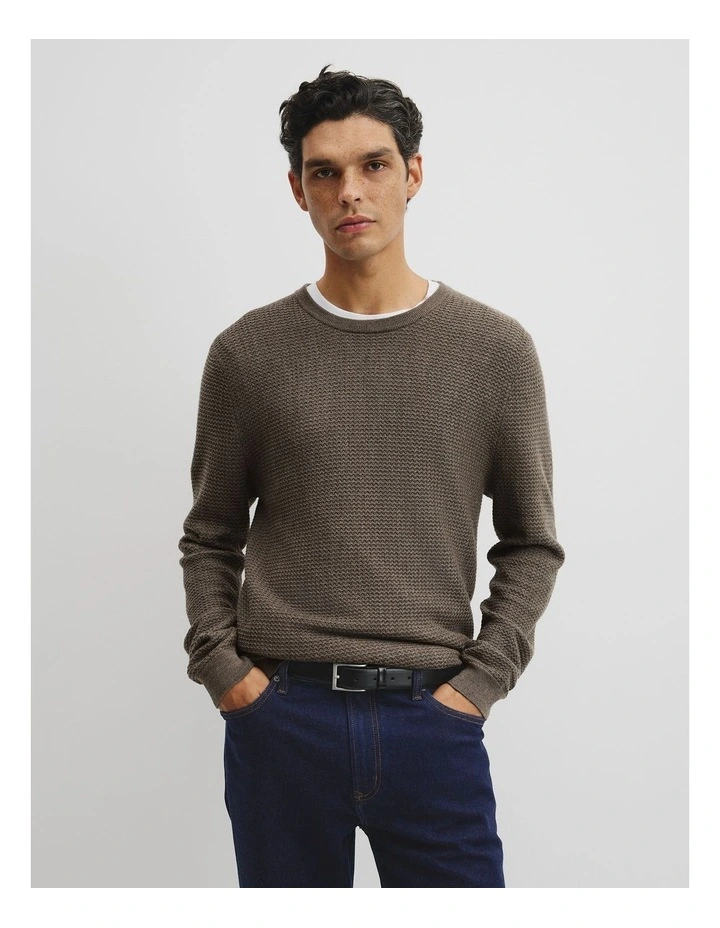 Australian Merino Wool Textured Crew Neck Knit in Umber Melange image 1