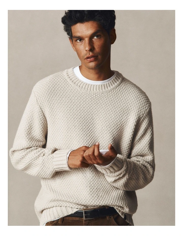 Australian Good Earth Cotton Blend Textured Crew Knit in Barley image 2