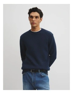 Australian Good Earth Cotton Blend Textured Crew Knit in Navy