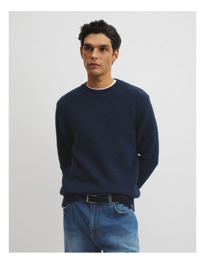 Australian Good Earth Cotton Blend Textured Crew Knit in Navy image 1