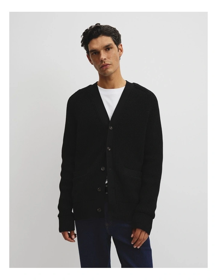 Cotton Rib Cardigan in Black image 1