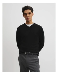 Merino Wool V-neck Knit in Black