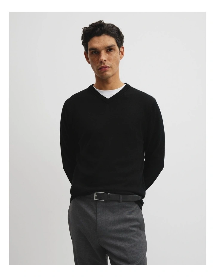 Merino Wool V-neck Knit in Black image 1