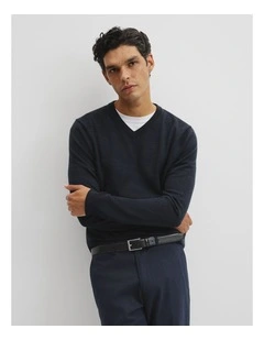 Merino Wool V-neck Knit in Navy Melange
