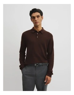 Australian Merino Textured Polo Knit in Mahogany