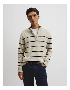 Australian Good Earth Cotton Half Zip Stripe Knit in Barley Stripe