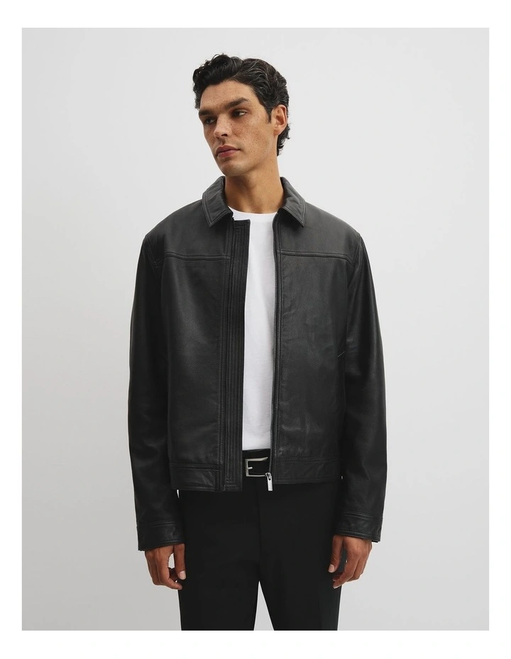 Leather Zip Through Jacket in Black image 1