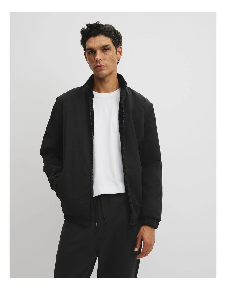 Reverse Sherpa Zip Through Jacket in Black image 1