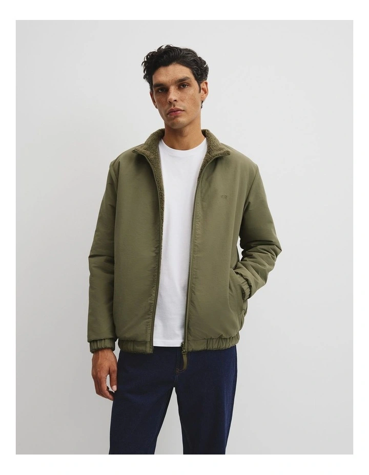 Reverse Sherpa Zip Through Jacket in Woodland Green image 1