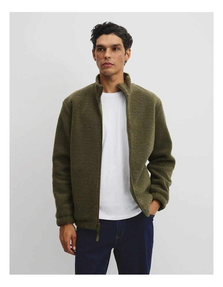 Reverse Sherpa Zip Through Jacket in Woodland Green image 5