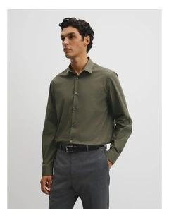 Slim Fit Stretch Cotton Shirt in Woodland Green