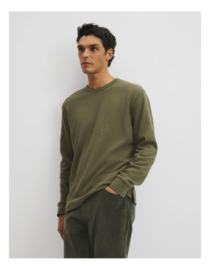 Long Sleeve Cotton Slub T-shirt in Woodland Green image 1