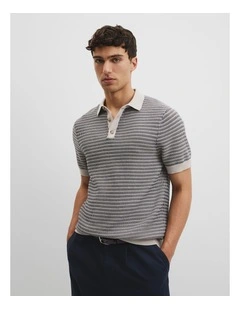 Australian Cotton Textured Knit Polo in Navy