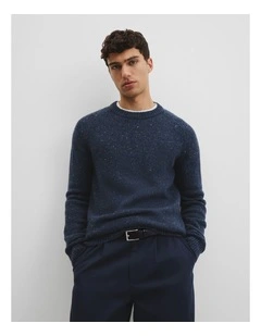 Merino Nep Wool Blend Crew Neck Knit in Navy
