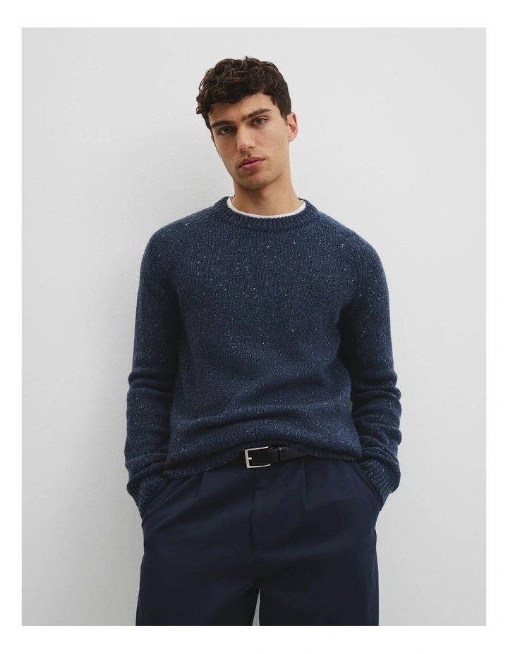 Merino Nep Wool Blend Crew Neck Knit in Navy image 1