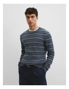 Australian Good Earth Cotton Wool Blend Jacquard Check Knit in Navy