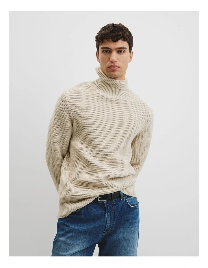 Australian Good Earth Cotton Wool Blend Textured Roll Neck Knit in Barley image 1
