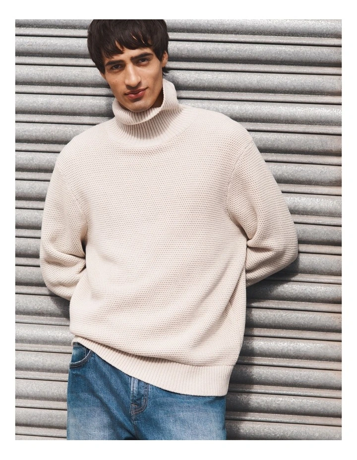 Australian Good Earth Cotton Wool Blend Textured Roll Neck Knit in Barley image 2