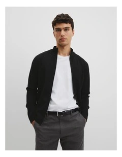 Australian Cotton Silk Blend Zip Through Knit Jacket in Black